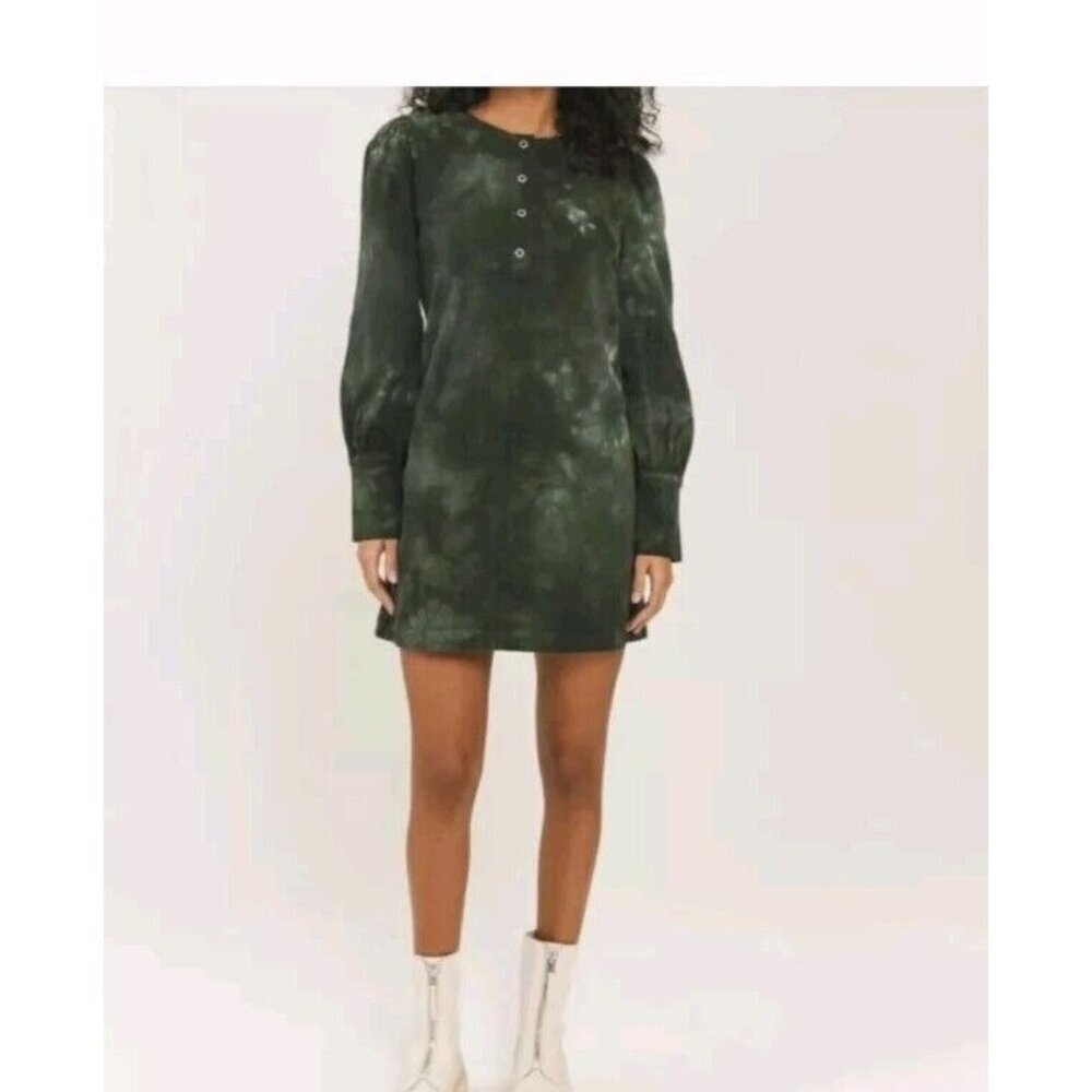 Something Navy Mini Shift Dress Army Green Tie Dye LS Sz XS Pockets NWT $175